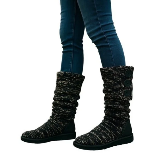 UGG VTG y2k Classic Cardy Black Gold Metallic Tall Button Knit Boots - Picture 2 of 9